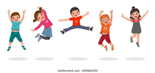 Group Of Happy Kids Jumping Together Joyfully With Hands Raising Up In The Air. Vector Of Active Little Children, Boys And Girls, Having Fun Showing Different Action Poses.