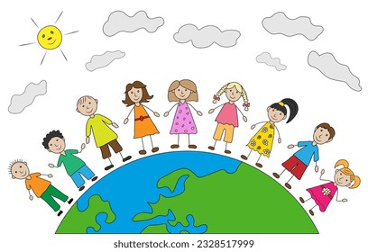 Group of happy kids on planet earth, hand drawn style. Color preschool children. Childhood and friendship. Vector illustration