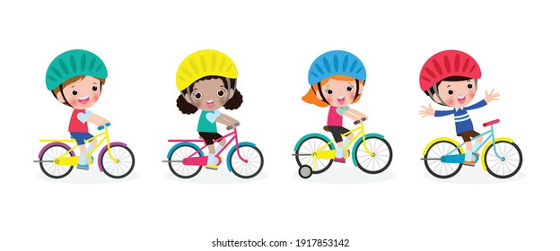 group of Happy kids riding bikes, set of cute children on bicycle, Sports concept, Funny child biking Playing Outside together isolated on a white background Vector illustration