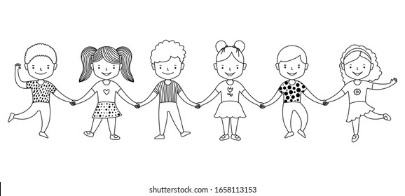 Group of happy kids standing together and holding hands. Friendship concept. Black and white graphic line art vector illustration