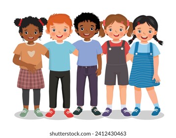 Group of happy kids standing together with arm around embracing friends