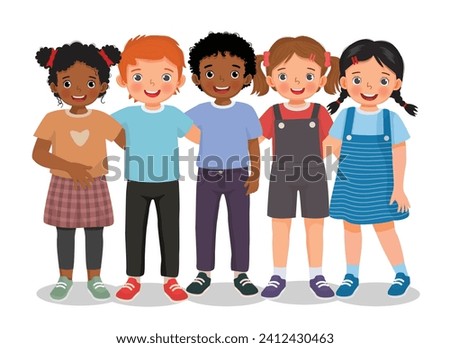 Group of happy kids standing together with arm around embracing friends