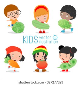 Group of Happy kids and vegetables, Cute cartoon children eating broccoli, carrot, tomato, Chinese cabbage, child holding smiling live vegetables, Healthy food in the farm isolated on white background