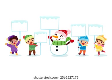 Group of happy kids in winter clothes and snowman holding blank sign.