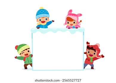 Group of happy kids in winter clothes beside big blank sign with snow.