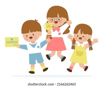 Group of Happy Kindergarten children graduated from school in cartoon style, vector illustration