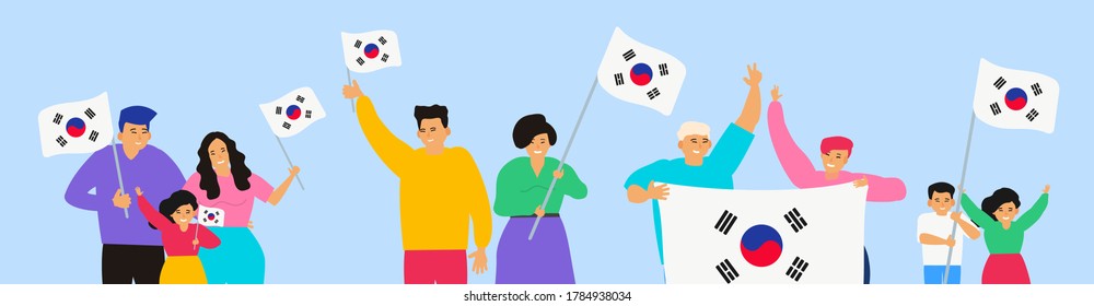 Group Of Happy Korean People With South Korea Flags Independence Day Vector Illustration