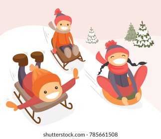 Group of happy laughing caucasian white boys and girl sliding down on rubber tubes and sledge in the winter park. Active cheerful kids enjoying a sleigh ride. Vector cartoon illustration.