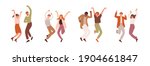 Group of happy laughing people jumping up and celebrating victory. Couples of energetic and cheerful men and women having fun and dancing. Colored flat vector illustration isolated on white background