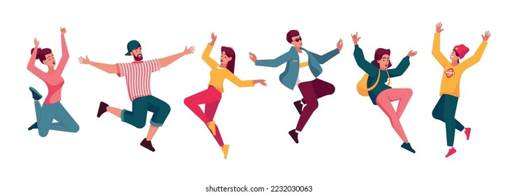 Group Of Happy Laughing People Jumping Up And Celebrating Victory. Energetic And Cheerful Men And Women Having Fun, Waving Hands Isolated on White Background. Cartoon Vector Illustration