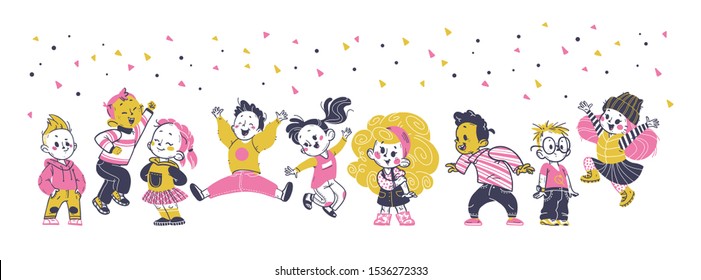 Group of happy little boys and girls with confetti jumping, celebrating isolated on white background. Children on the move. Kids zone, room, birthday party concept. Vector illustration.