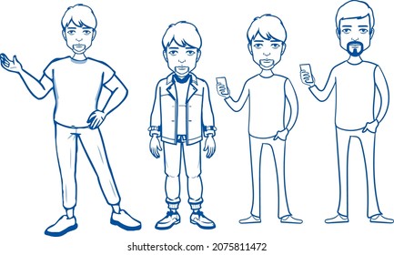 Grupo de ilustraciones del hombre feliz en diferentes emociones y poses, boceto dibujado a mano, enojado, reflexivo, despistado