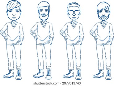 Group of happy man illustration in different emotions and poses, angry, thoughtful, clueless, hand drawn sketch