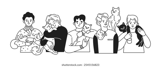 Group of happy men with adorable black and white cats linear icons collection. Guys reflecting tenderness for feline companions characters set on white