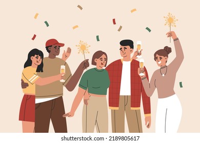 Grupo de hombres y niñas felices celebrando las vacaciones con chispas, confiti y bebidas. Los jóvenes se divierten juntos. Ilustración vectorial dibujada a mano aislada en el fondo de la luz. Estilo de caricatura plano