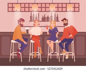 Group of happy men and women dressed in elegant clothing sitting at bar, talking and drinking alcoholic beverages. Friends having fun at pub together. Flat cartoon characters. Vector illustration.