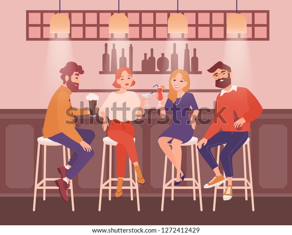 幸せな男性と女性のグループが バーに座って優雅な服を着て お酒を飲みながら話をします 一緒にパブで楽しい友達 平らな漫画のキャラクター ベクターイラスト のベクター画像素材 ロイヤリティフリー