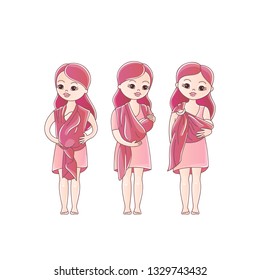 Group of happy mothers with children in baby sling. Moms with kids. Vector illustration illustration on white background