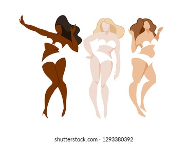 Group of happy multi nation women in white underwear posing isolated on white background, lifestyle people concept,  body positive