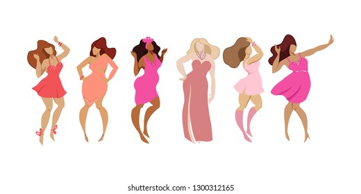 Group of happy multi nation women in bright dressesr posing isolated on white background, lifestyle people concept,  body positive