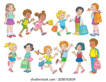 Group of happy multi-cultural children go, run and stand with school bags. In cartoon style. Isolated on white background. Vector illustration