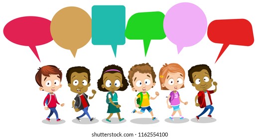 Group of happy multicultural children with speech bubbles. African and european pupils standing with backpacks. Childhood and kids friendship. Different ethnicity boys and girls vector personages