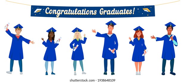Group of happy multicultural graduate students wearing academic dress, gown or robe, holding diploma. Boys and girls celebrating university graduation, kipping distans. Class 2021 vector illustration.