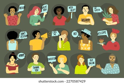 Group of happy multiethnic people, collection of men and women with speech bubbles telling - welcome, hi, go green, etc., hand drawn vector illustration 