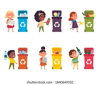 Group of happy multinational children collect metal, paper, organic, plastic, glass and electronic waste in trash bins of different colors. Waste sorting. Vector illustration in cartoon style.