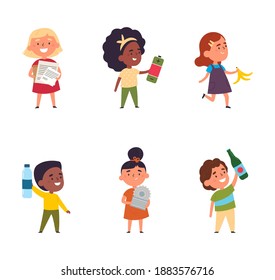 Group of happy multinational children with metal, paper, organic, plastic, glass and electronic waste. Waste sorting. Vector illustration in cartoon style.