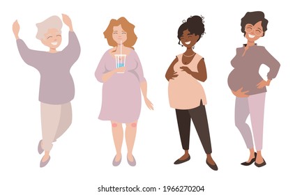 Group of happy multinational pregnant women of different age and background. Vector illustration isolated on white background.