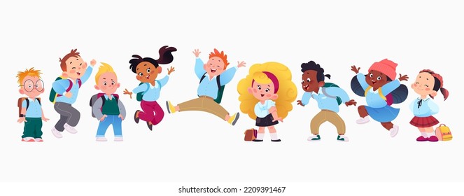 Group of happy multiracial kid students in uniform  jumping isolated. Back to school vector flat illustration. For banners design.