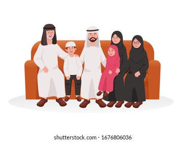 Group of Happy Muslim Arabian Family Sit Together on Sofa, Grandparents, Parents, and Kids Cartoon