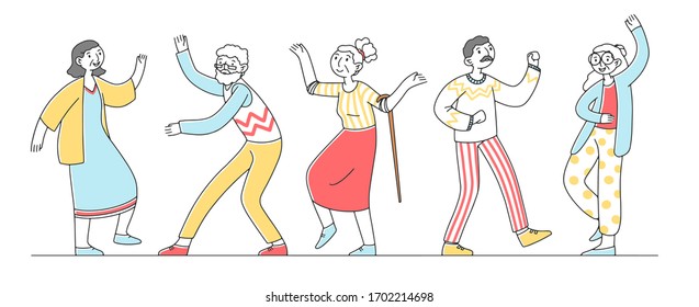 Group of happy old people dancing flat vector illustration. Cartoon grandfathers and grandmothers enjoying music in club. Entertainment and party concept