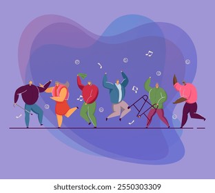 Group of happy old people jumping and dancing. Elders having fun to music, aged men and women at party flat vector illustration. Dance club concept for banner, website design or landing web page