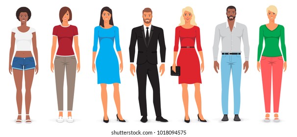 Group of happy people in casual clothes standing on a white background. Diverse man and woman. Vector flat character design.