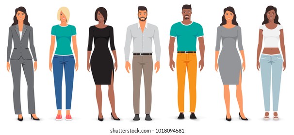 Group of happy people in casual clothes standing on a white background. Diverse man and woman. Vector flat character design.