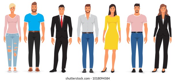 Group of happy people in casual clothes standing on a white background. Diverse man and woman. Vector flat character design.