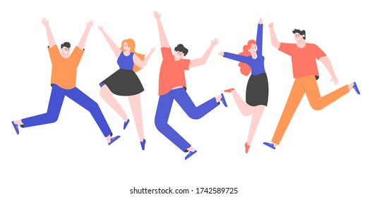 Group of happy people in casual clothes. Men and women are jumping. Celebration. Vector flat illustration.