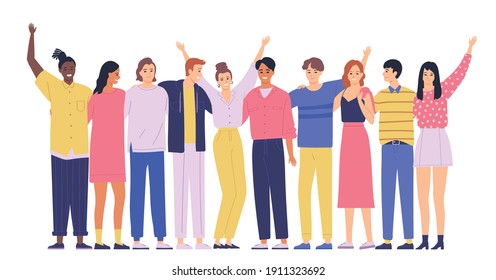 Group of happy people in casual clothes on a white background. Young people stand side by side and hug. Vector illustration in flat style.