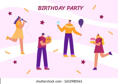 Grupo de gente feliz celebrando un cumpleaños. La mujer está cantando. La mujer da un pastel. Los hombres dan regalos. Ilustración del vector