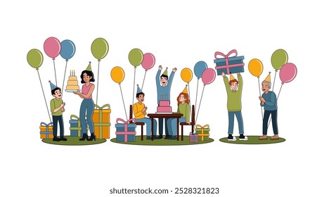 Group of happy people celebrating Birthday on white background