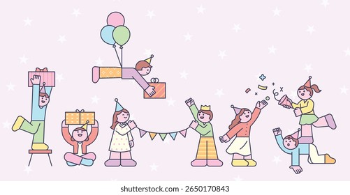 Um grupo de pessoas felizes celebrando uma ocasião festiva com presentes, balões e confetes.