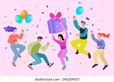 Group of happy people celebrating holiday. Man and woman hold gift box having fun with friends isolated. Person with balloons. colorful confetti vector flat illustration.