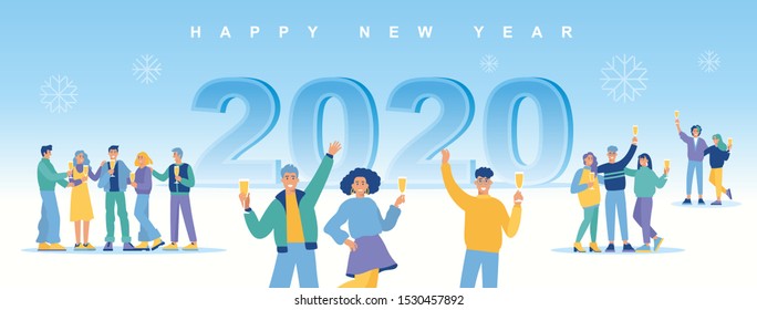 Group of happy people celebrating New Year with champagne and with figure 2020 on background. Flat cartoon colorful vector illustration. Cute characters.