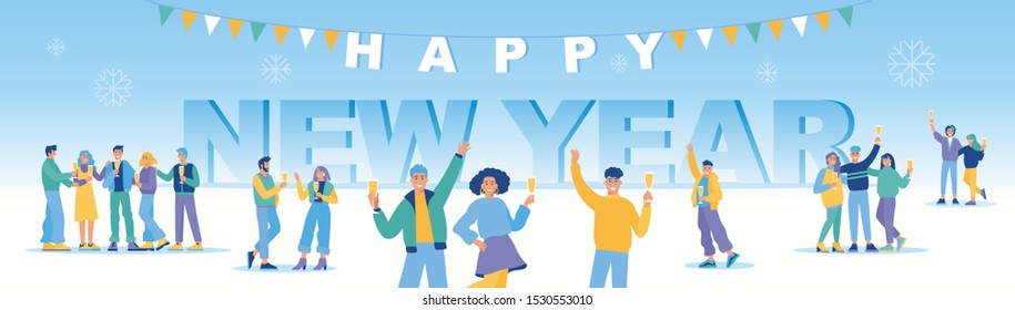Group of happy people celebrating New Year with champagne and with text "Happy new year" on background. Flat cartoon colorful vector illustration. Cute characters.