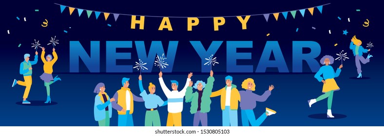 Group of happy people celebrating New Year with sparkles and with text "Happy new year" on background. Flat cartoon colorful vector illustration. Cute characters.