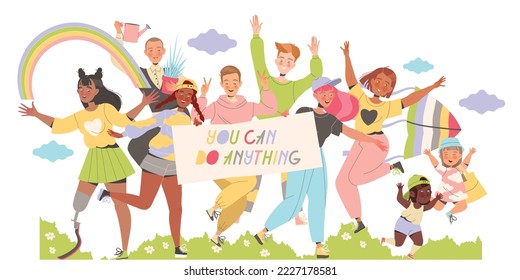 Group of Happy People Characters Sharing Positive Vibes with Rainbow and Placard Smiling and Cheering Vector Illustration