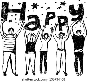 Group happy people Group of cheerfull adult unrecognizable people. Hand drawing vector illustration. Black and white monochrome colors.