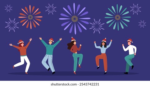 Group of happy people at a Christmas and New Year's party. Men and women dancing and having fun. 